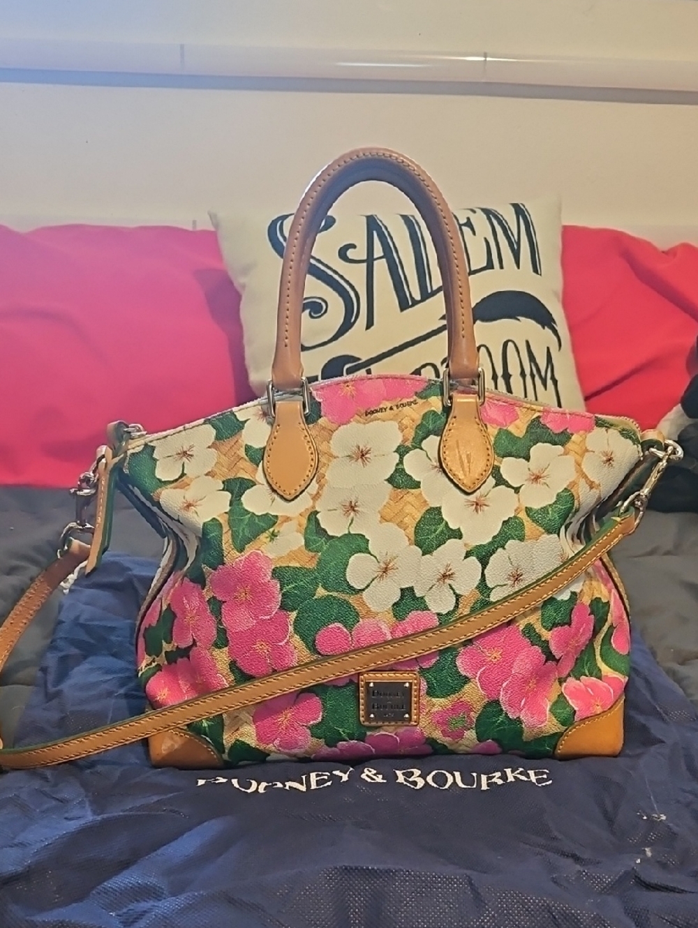 Dooney & Bourke Pink, White & Green Floral Canvas Satchel with Tan Leather